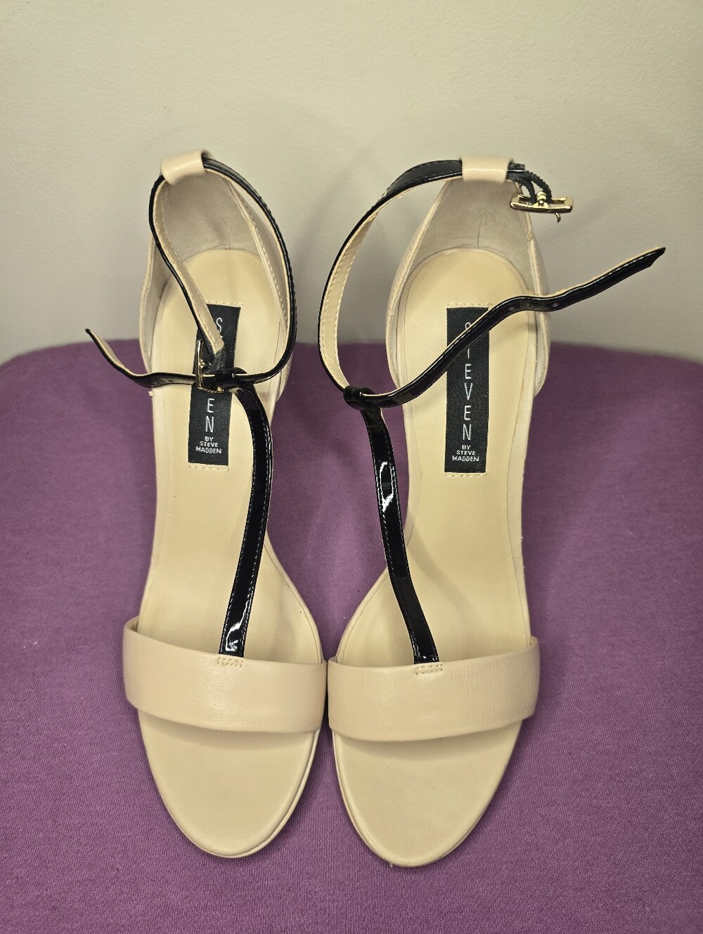 STEVEN by Steve Madden Beige and Black Ankle-Strap Heels